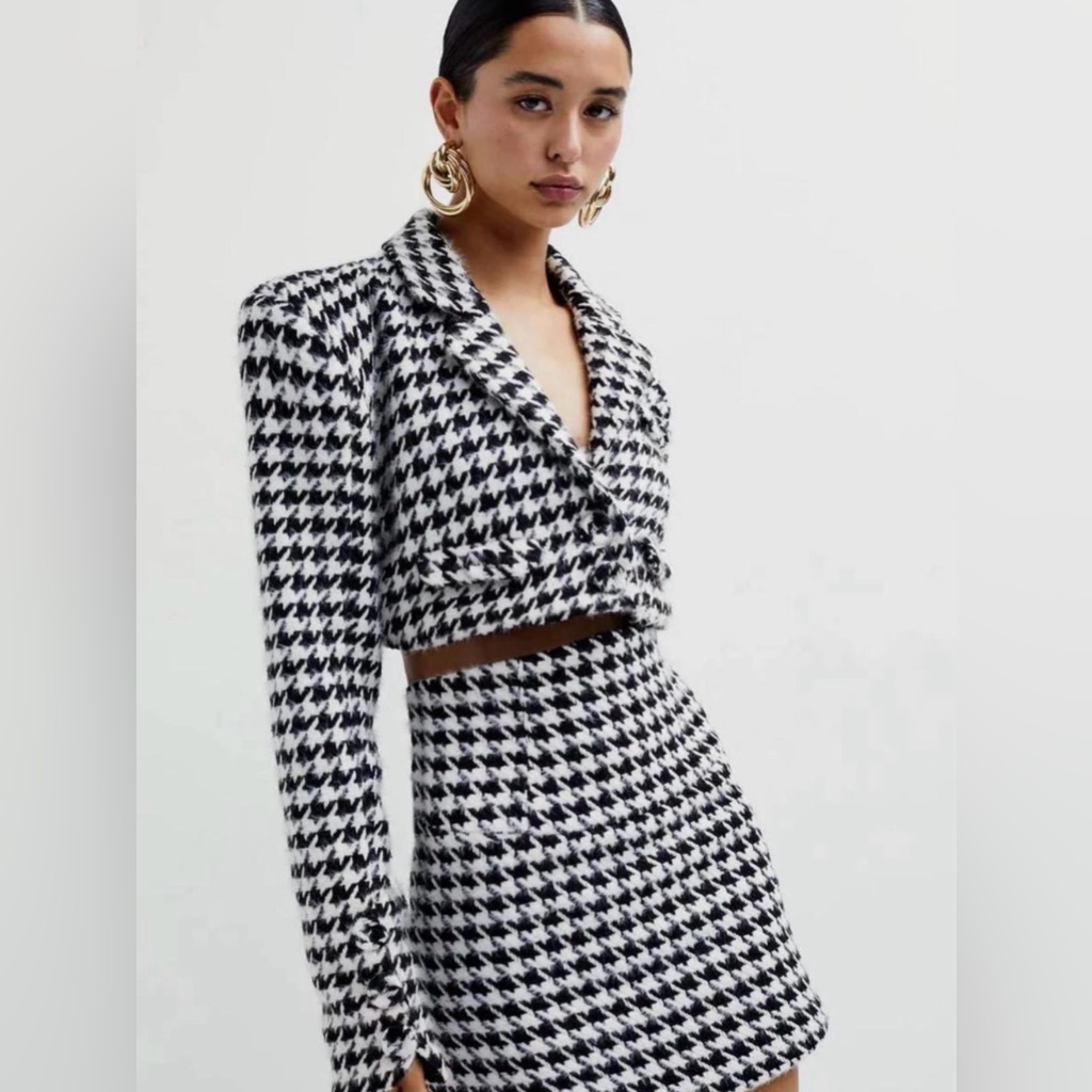 For Love & Lemons Cropped Blazer Black White Houndstooth Bonnie Medium